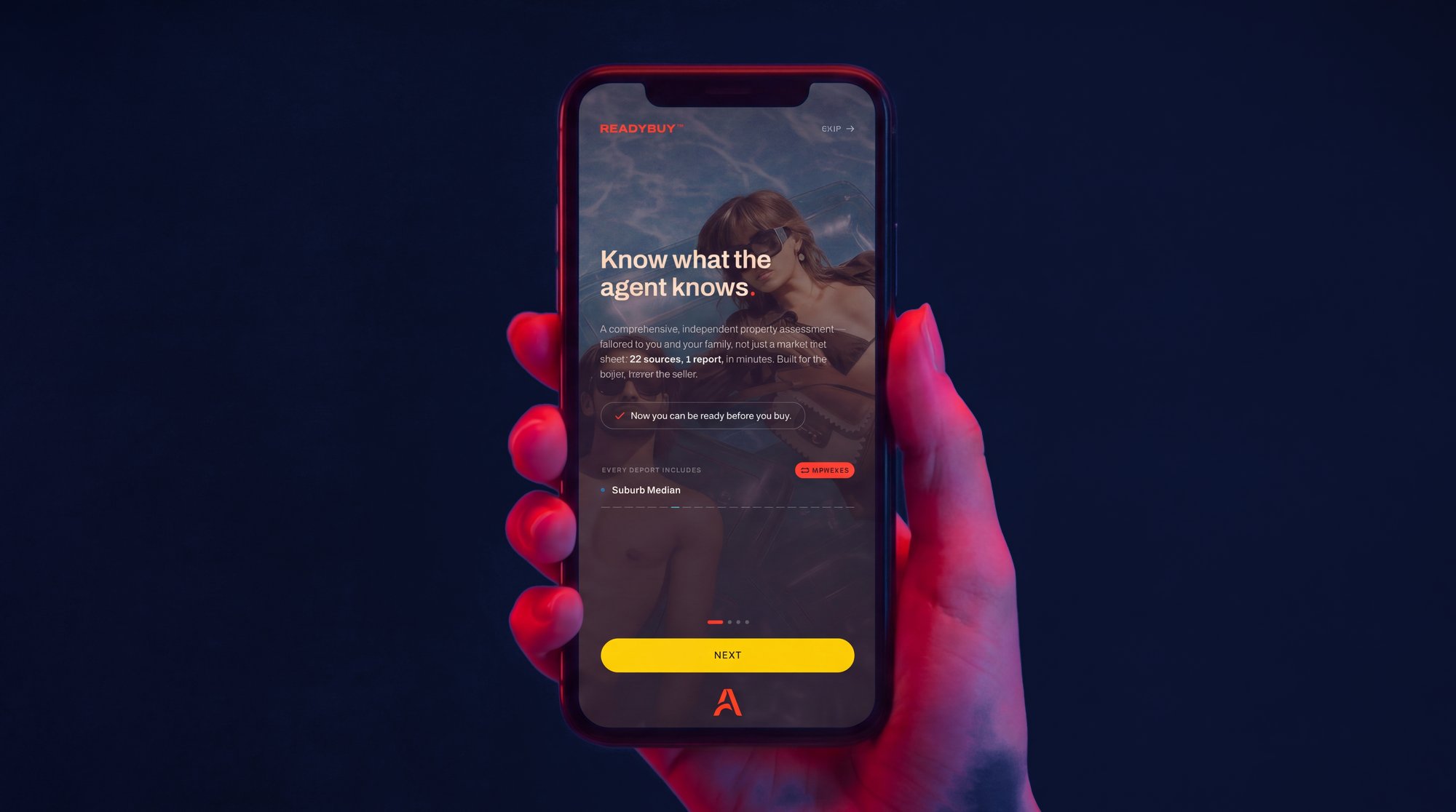 The ReadyBuy app open on a phone held in a hand